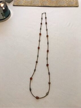 Long Women's Beaded Necklace in Brown and Antique Brass